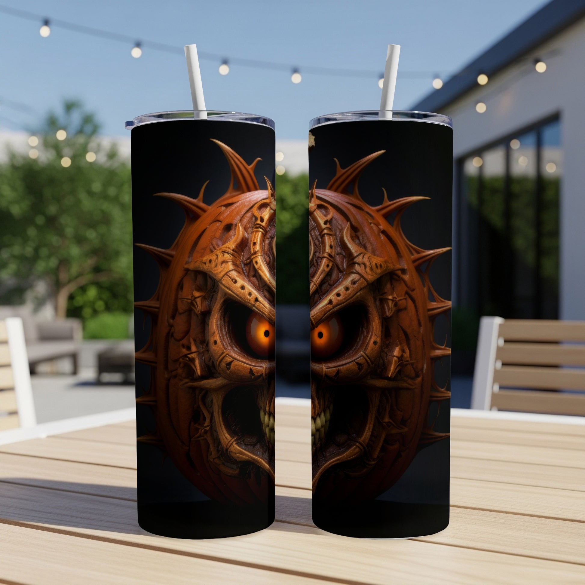 Two tumblers with a menacing carved pumpkin face design and straws.