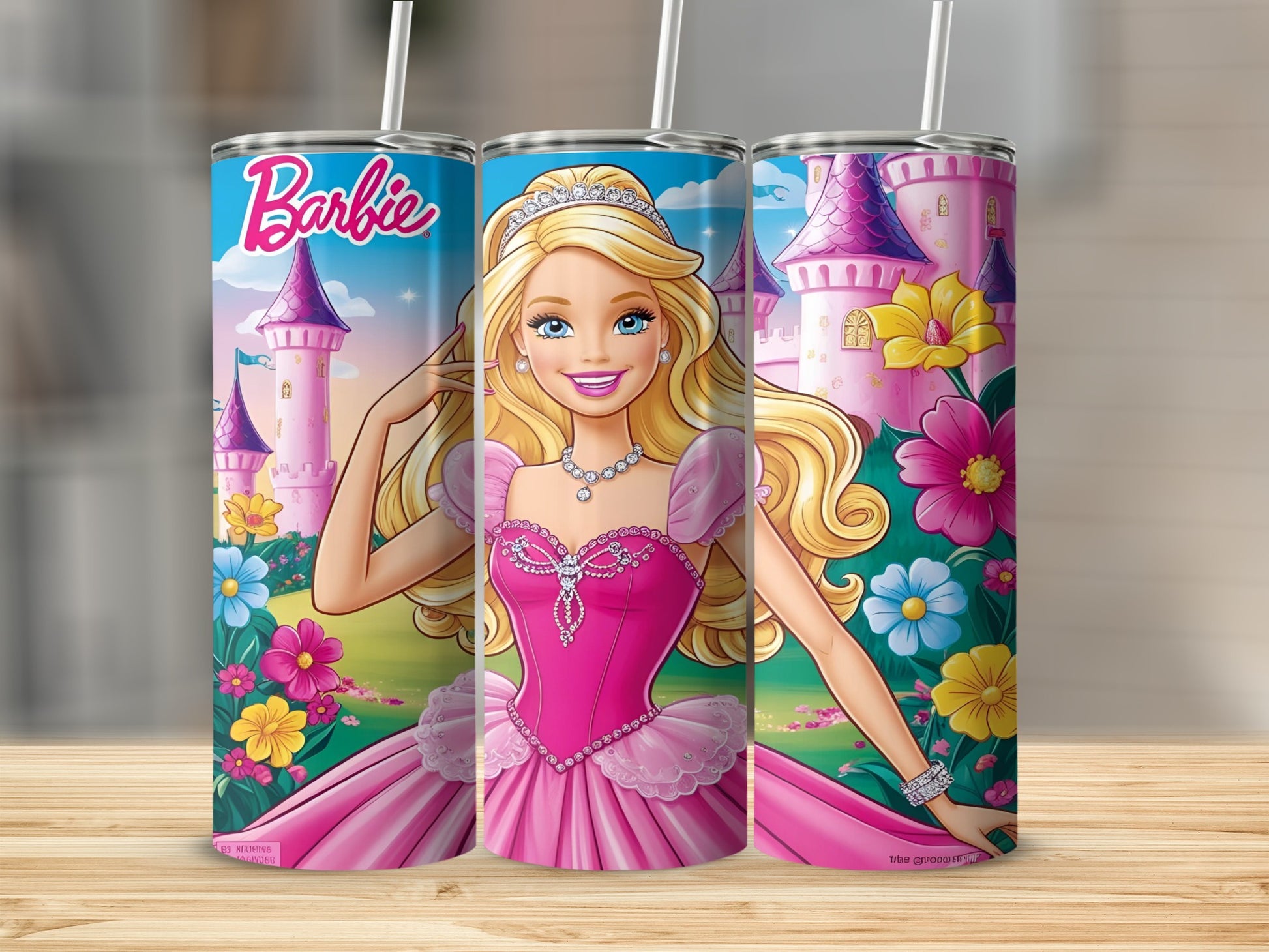 Barbie in a pink dress with castles and flowers, smiling.