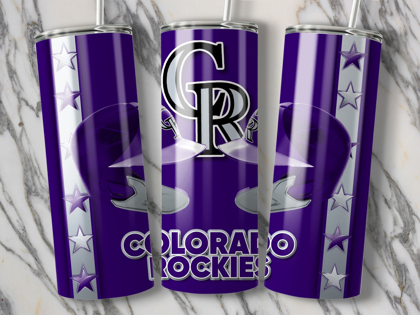 Colorado Rockies Baseball Helmets On Purple Star Design Tumblers