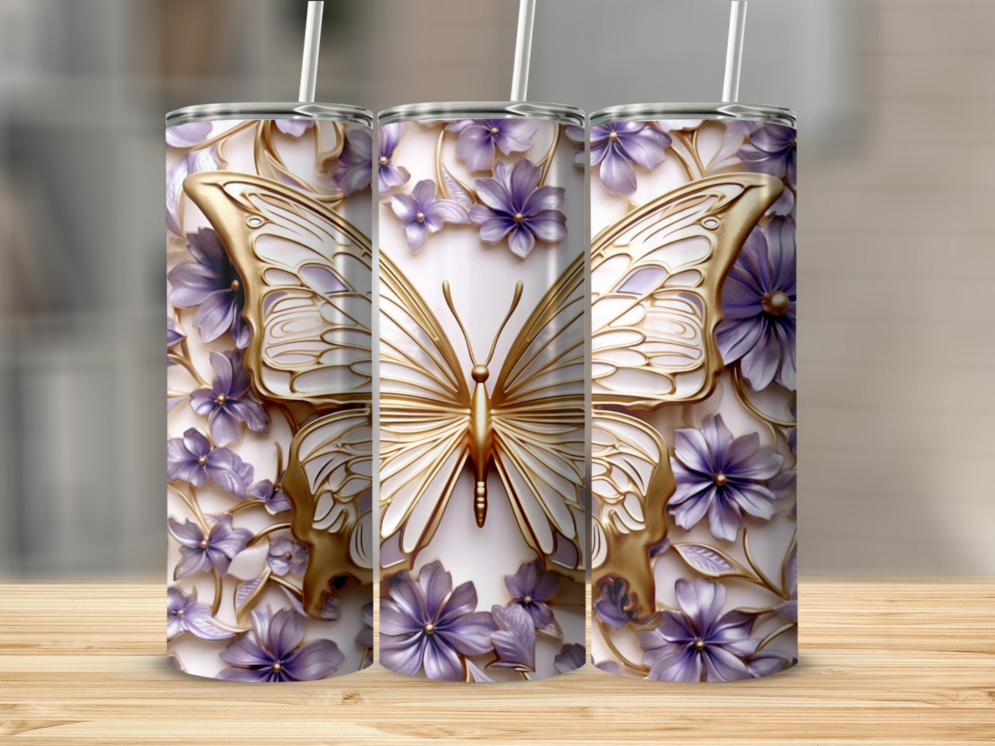 Elegant Gold Butterfly Purple Flowers White Tumbler product type
