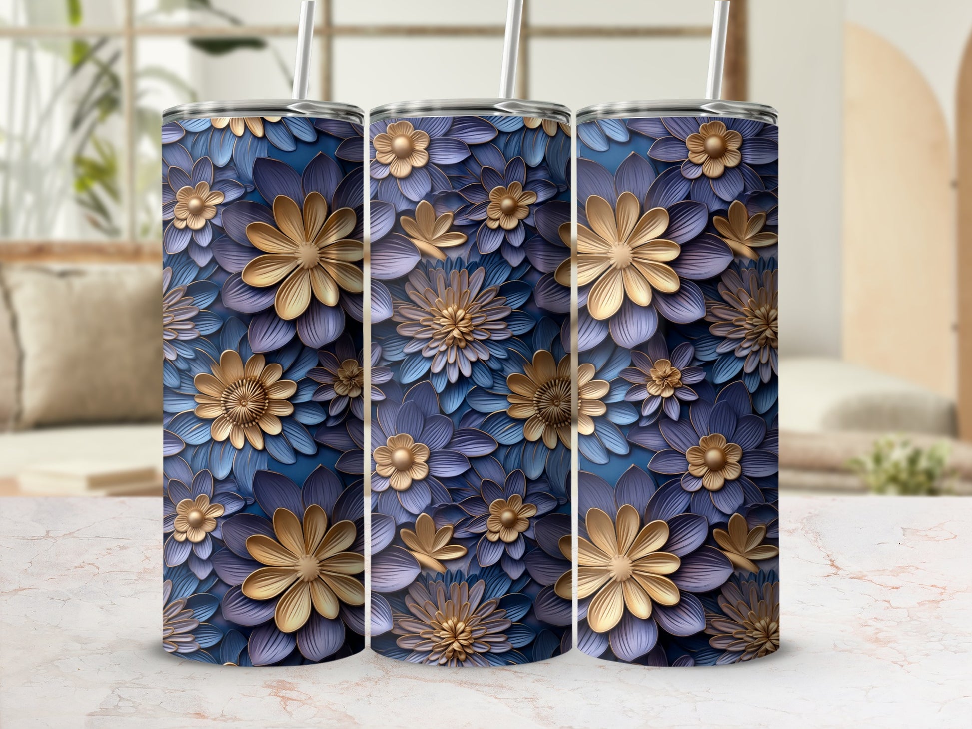 Elegant Floral Design Blue and Gold Tumbler Product