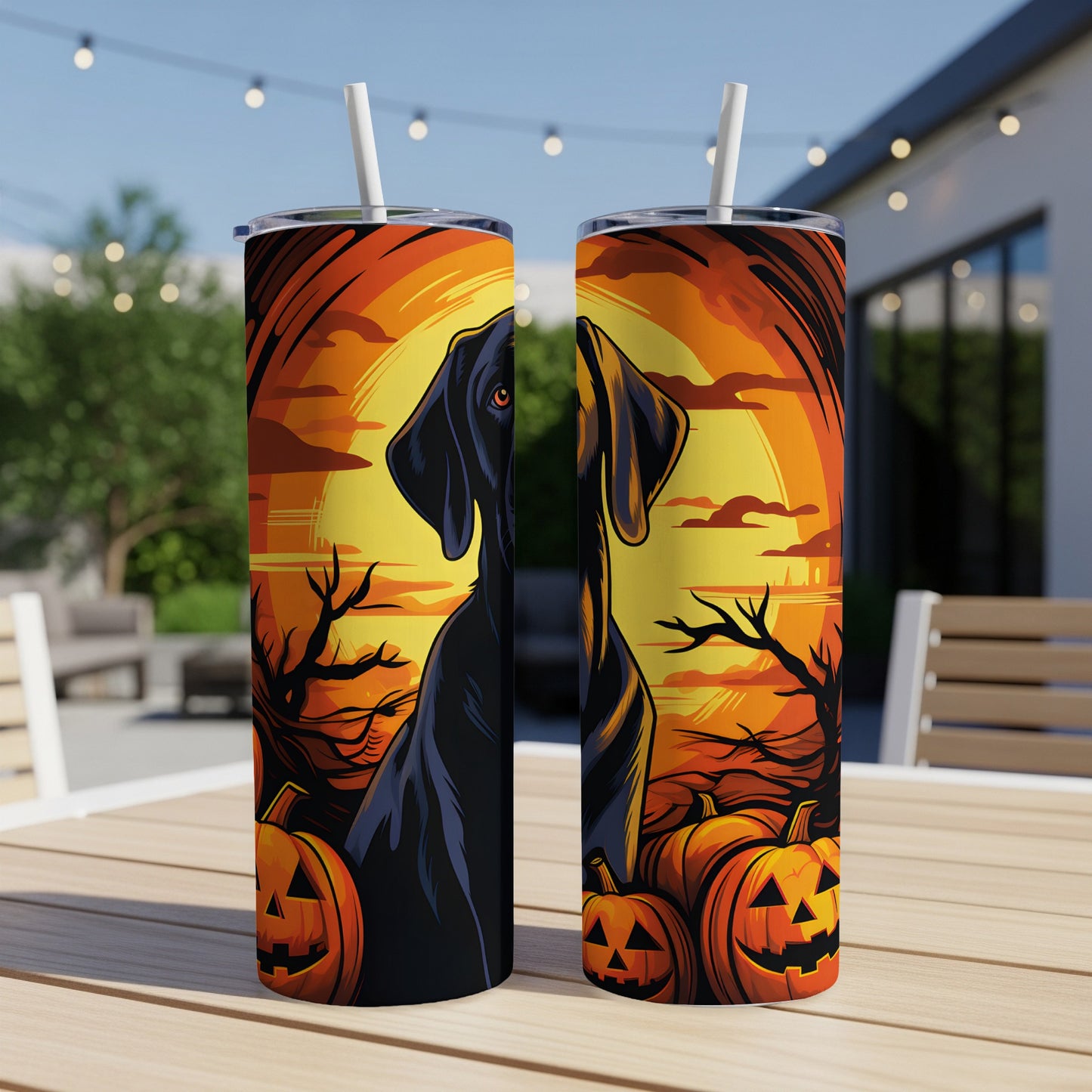 Two tumblers with a black dog and Halloween pumpkins on a sunset background.