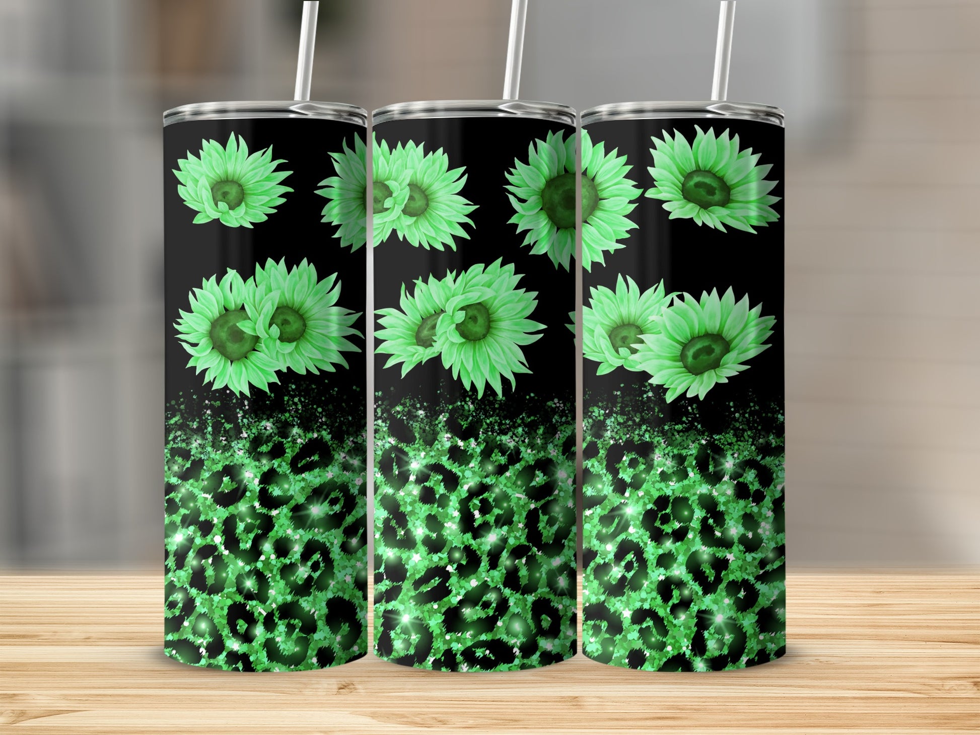 Green sunflowers and leopard print design on a black tumbler.