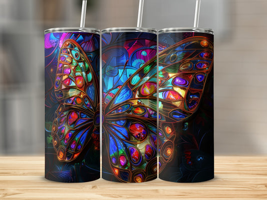 Three tumblers with a colorful stained-glass butterfly design.