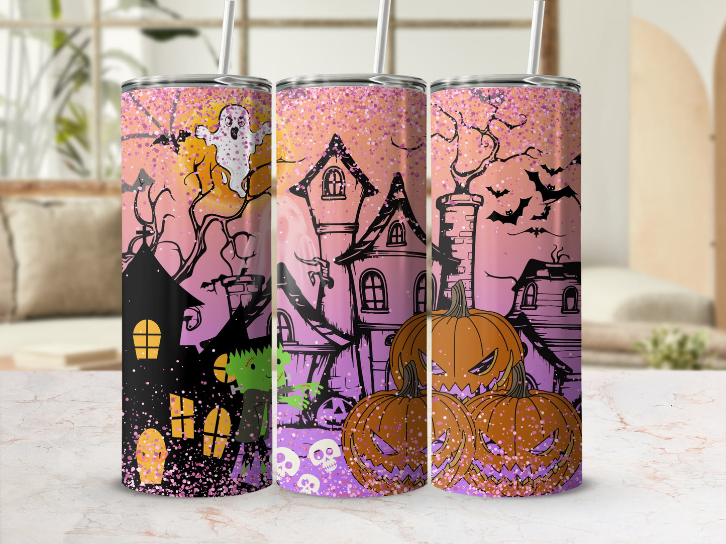 Halloween Haunted House and Pumpkins Tumbler Cup