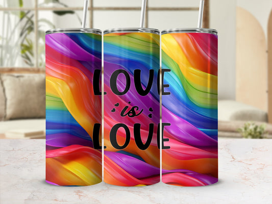 Rainbow tumbler with "Love is Love" text.