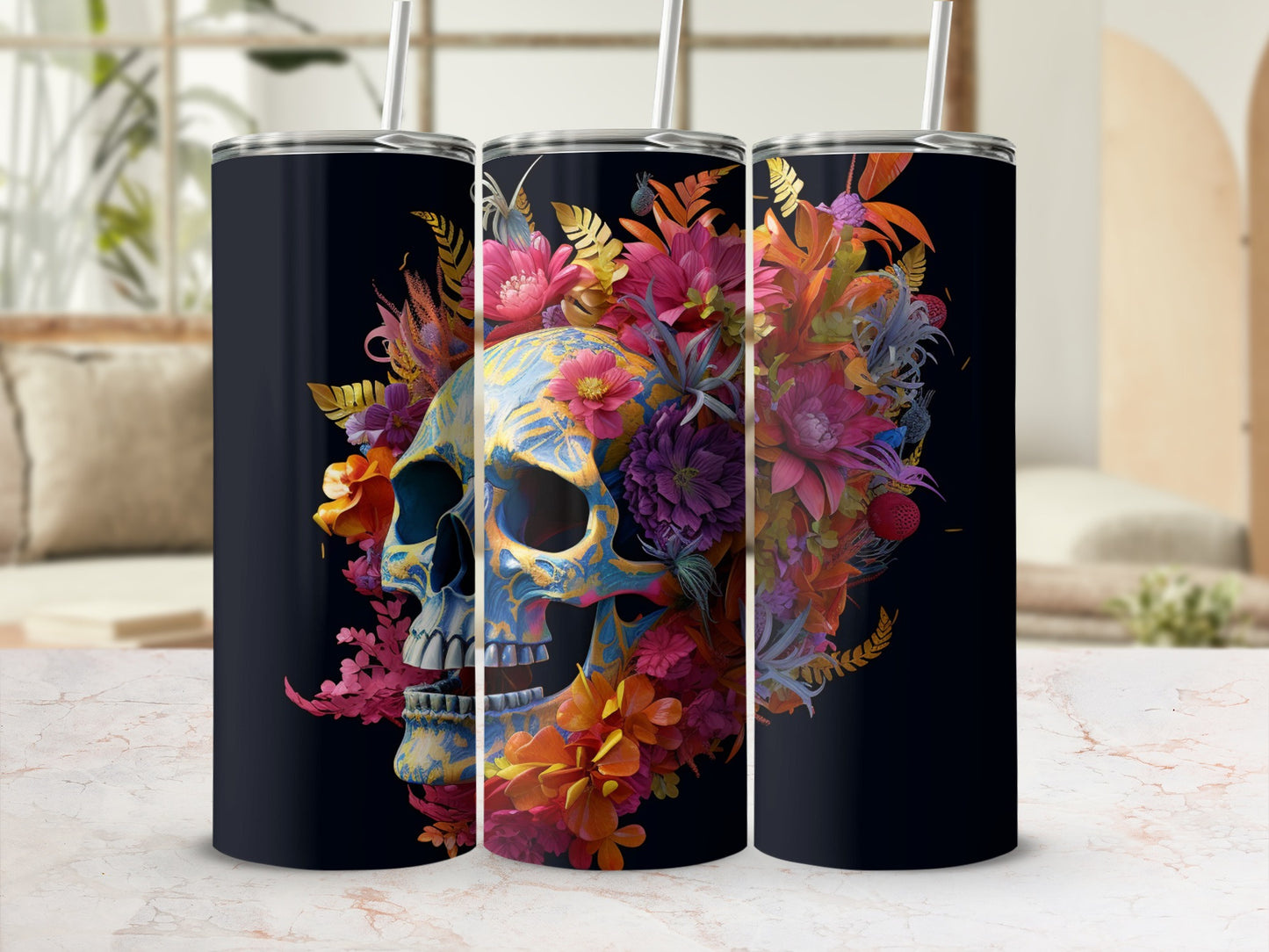Vibrant floral skull design on dark background tumbler