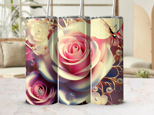 Three tumblers with large pink roses, gold accents, and butterflies.