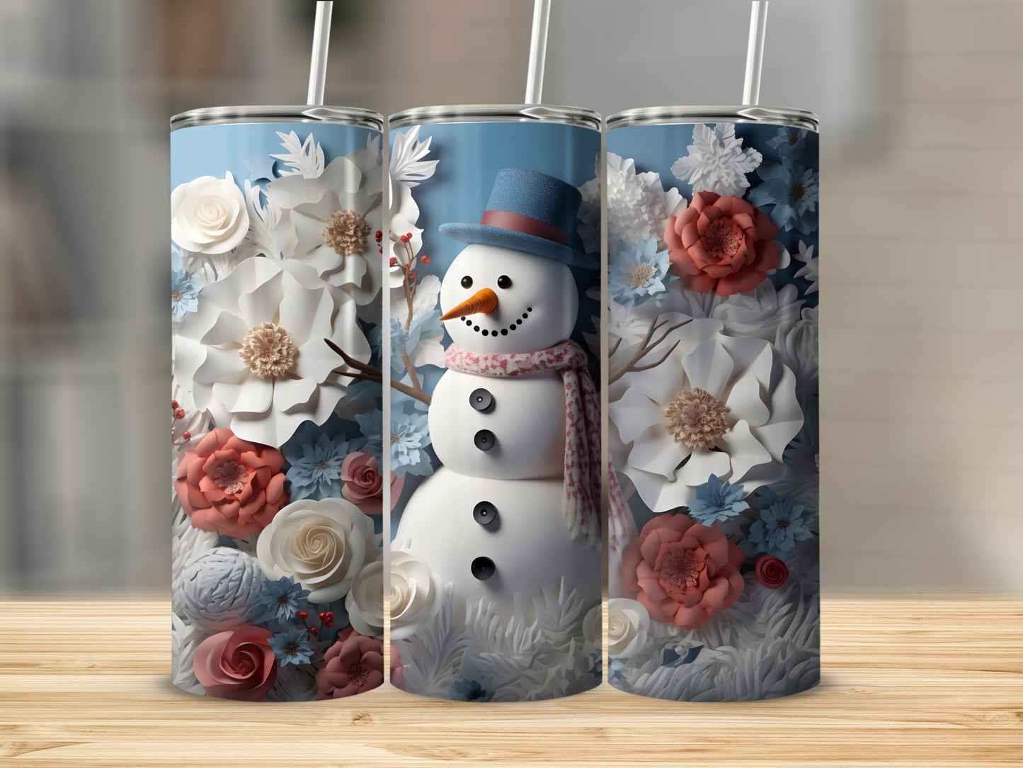 Festive Snowman and Floral Winter Scene Tumbler