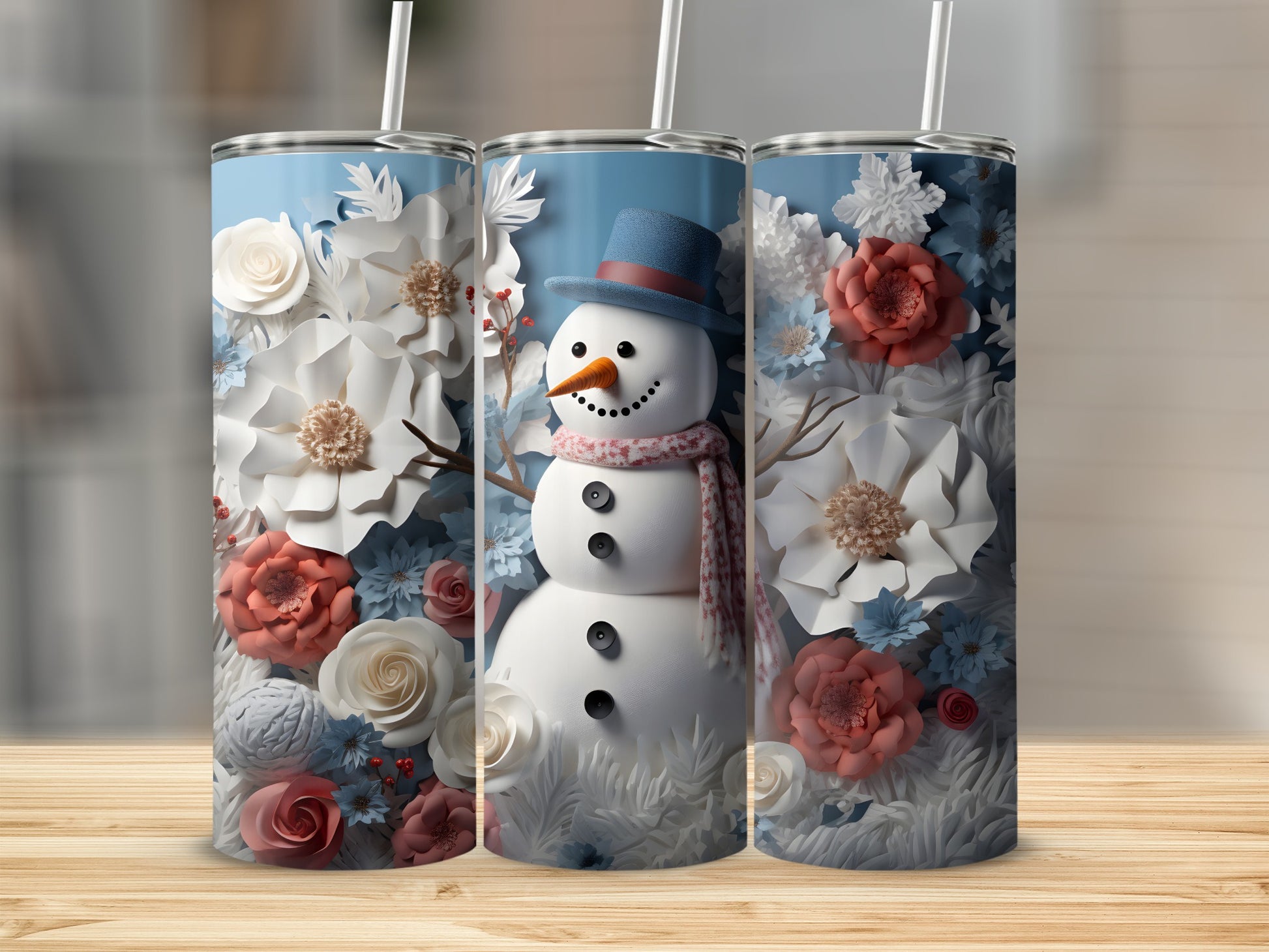 Festive Snowman and Floral Winter Scene Tumbler