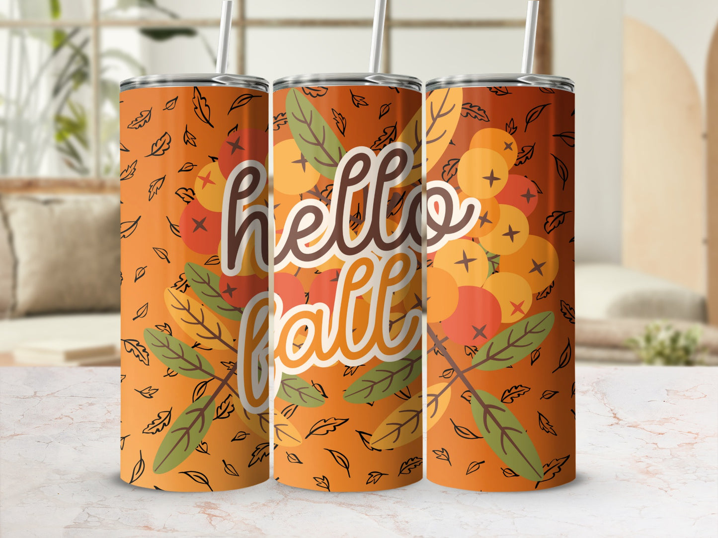 Hello Fall Themed Autumn Leaves and Flowers Tumbler