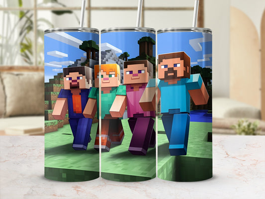 Minecraft characters Steve and Alex walking on grassy terrain.