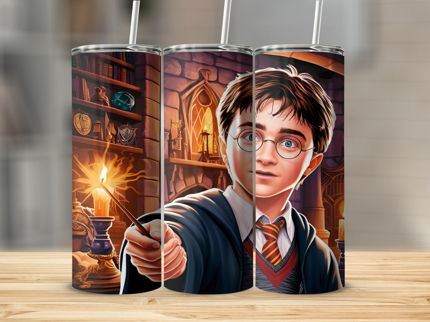 Harry Potter holding a wand in a dimly lit library.