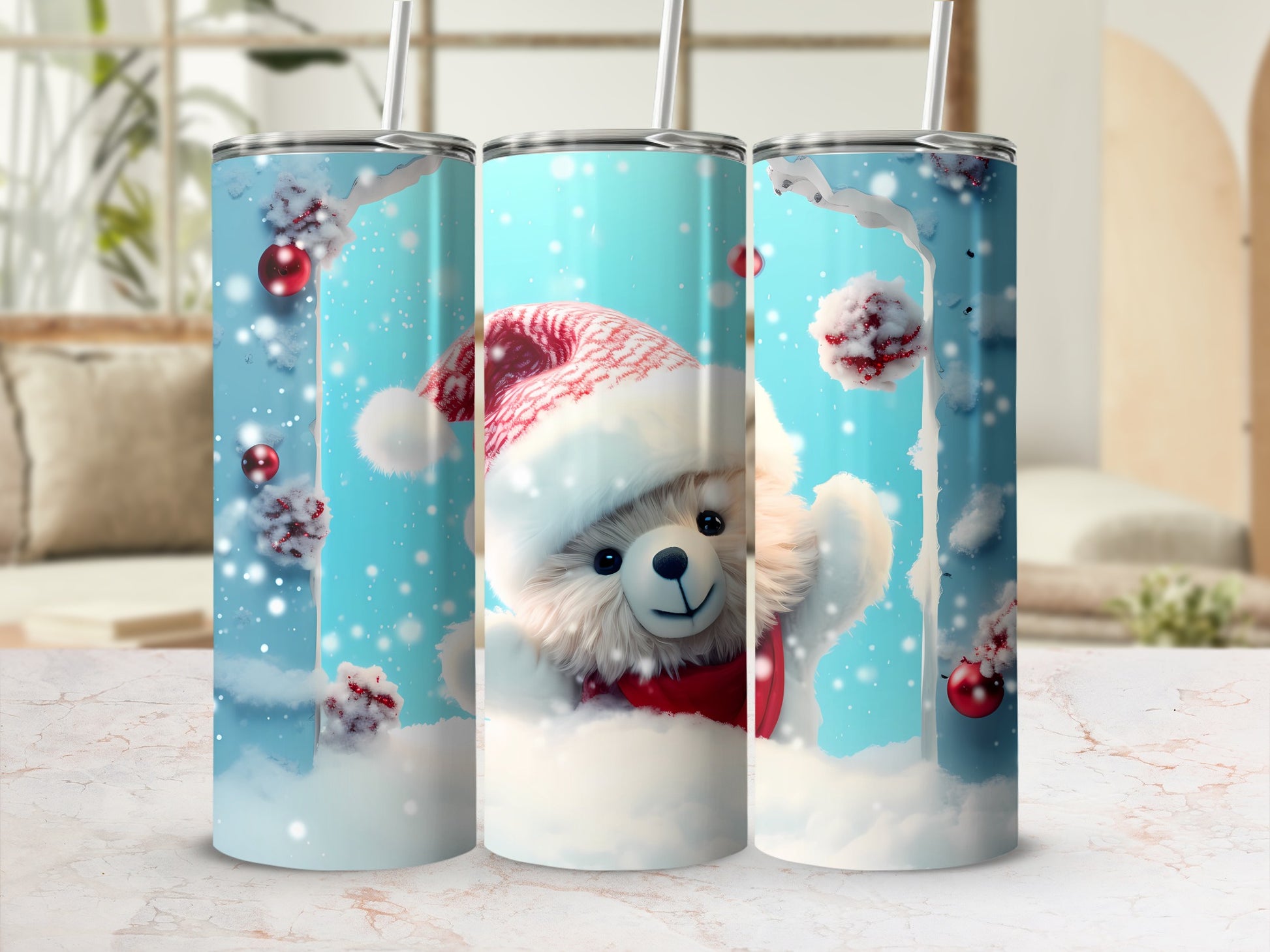 Festive Christmas Bear Tumbler with Santa Hat Design