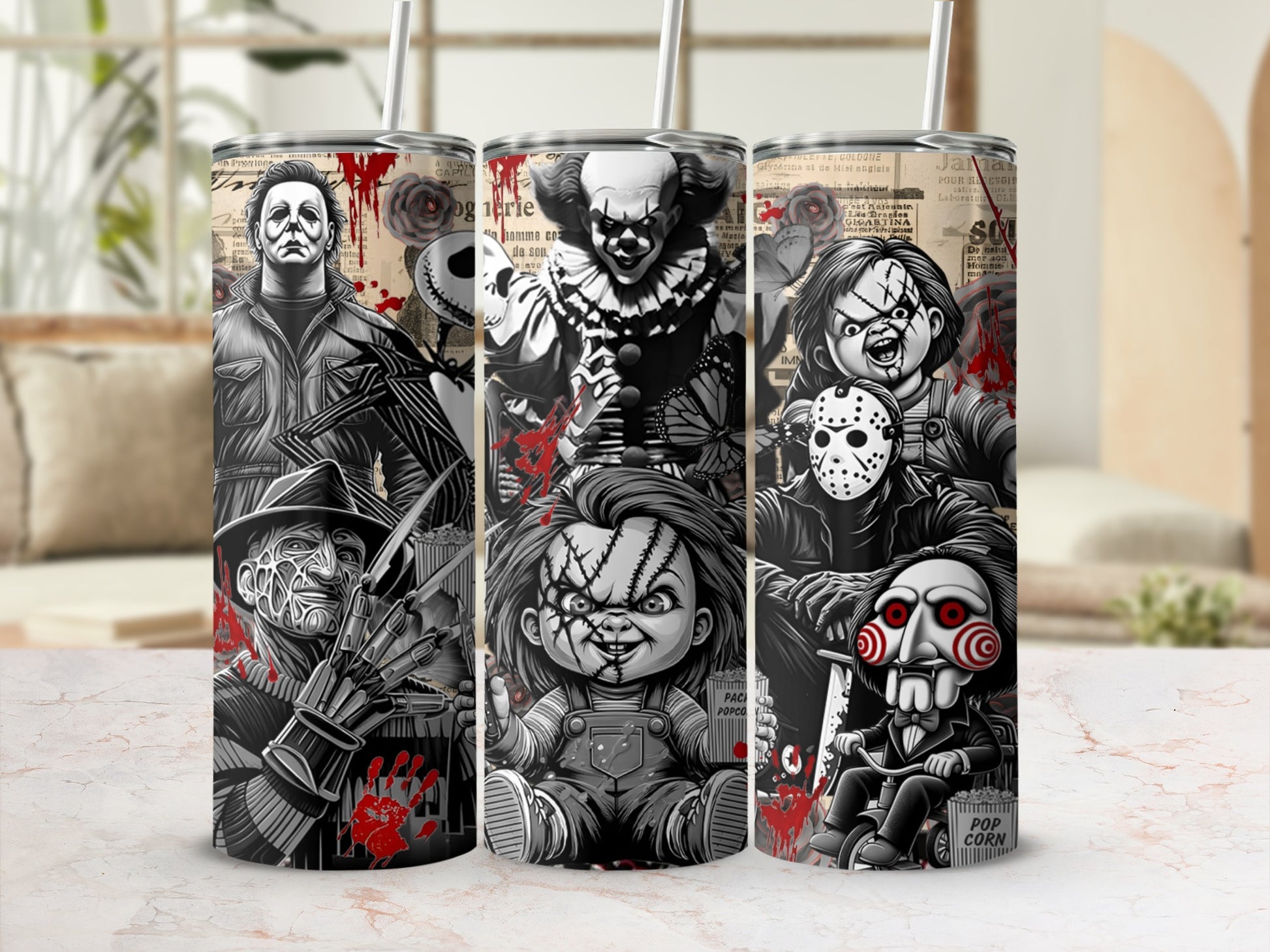 Horror movie characters on a coffee cup with popcorn and cologne labels.