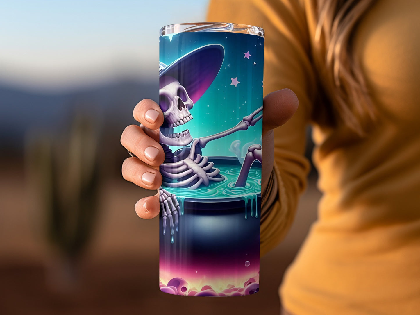 Skeleton in a Cauldron Colorful Tumbler for Halloween