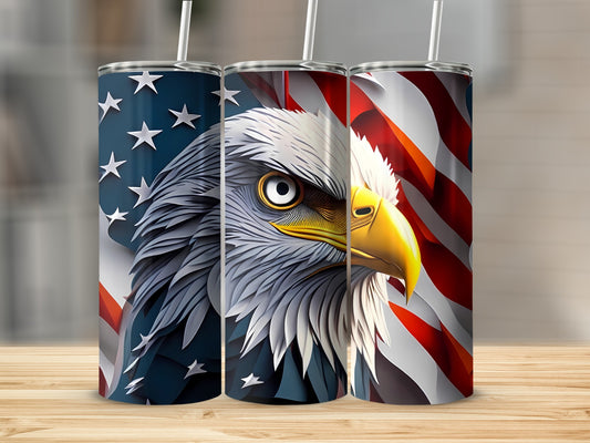Triptych of a bald eagle against a US flag, with straws.