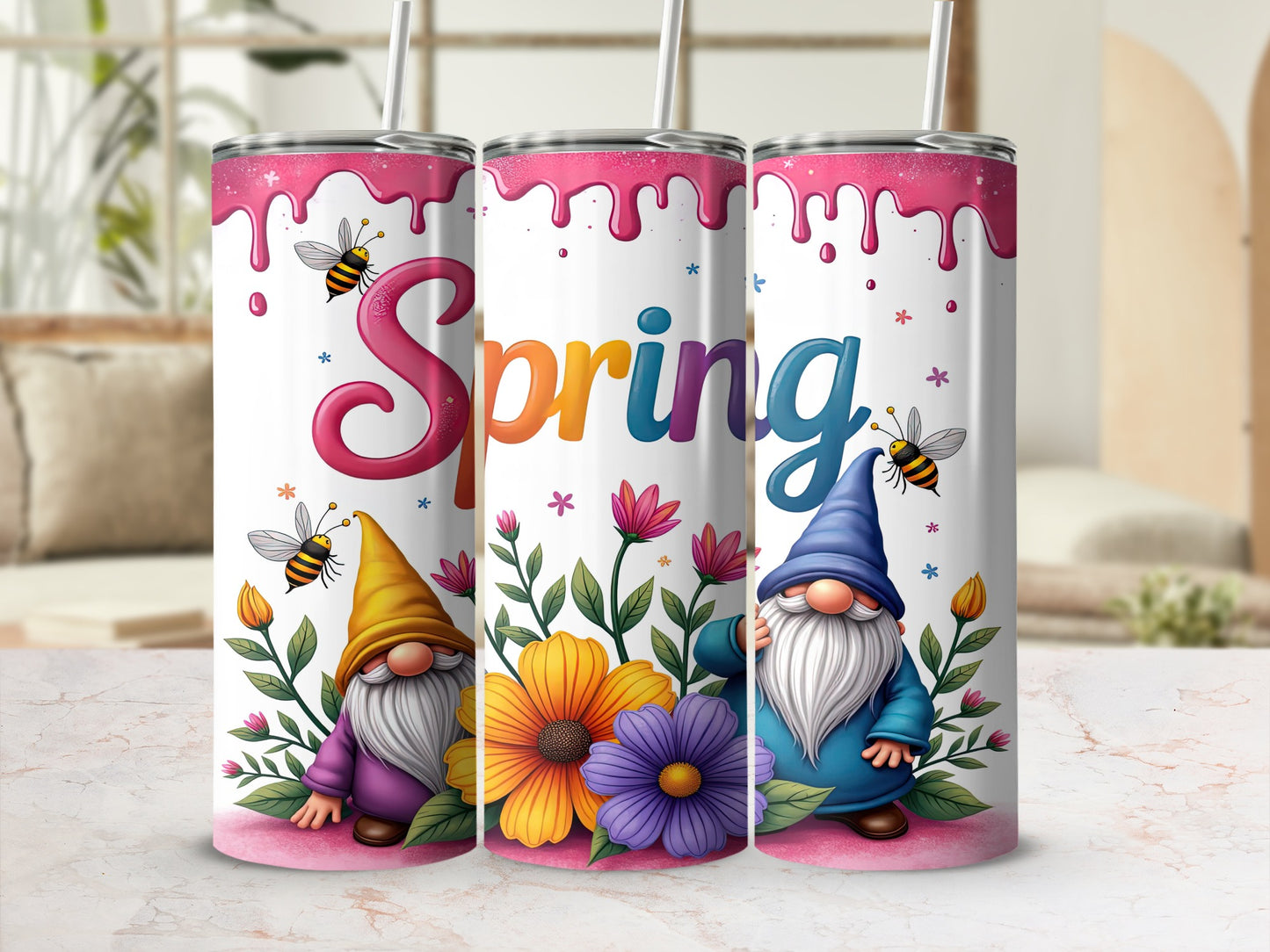 Spring-themed tumbler with gnomes, bees, and flowers.