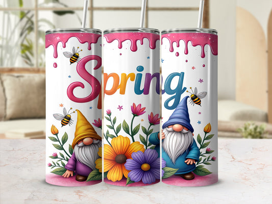 Spring-themed tumbler with gnomes, bees, and flowers.