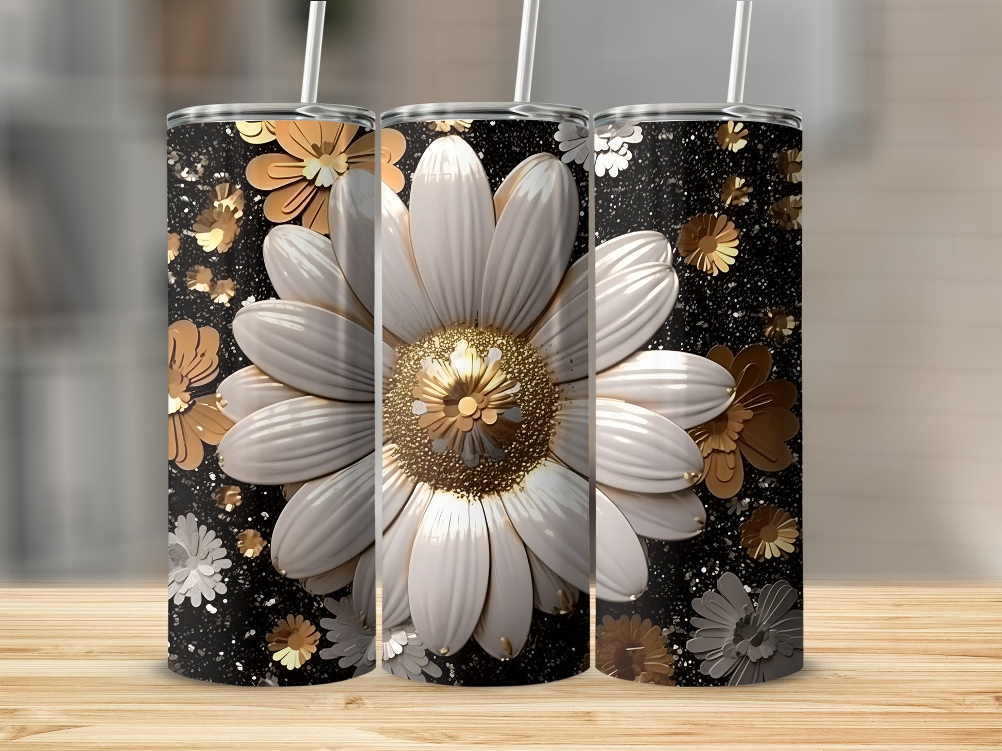 White and gold floral tumbler with scattered floral accents.