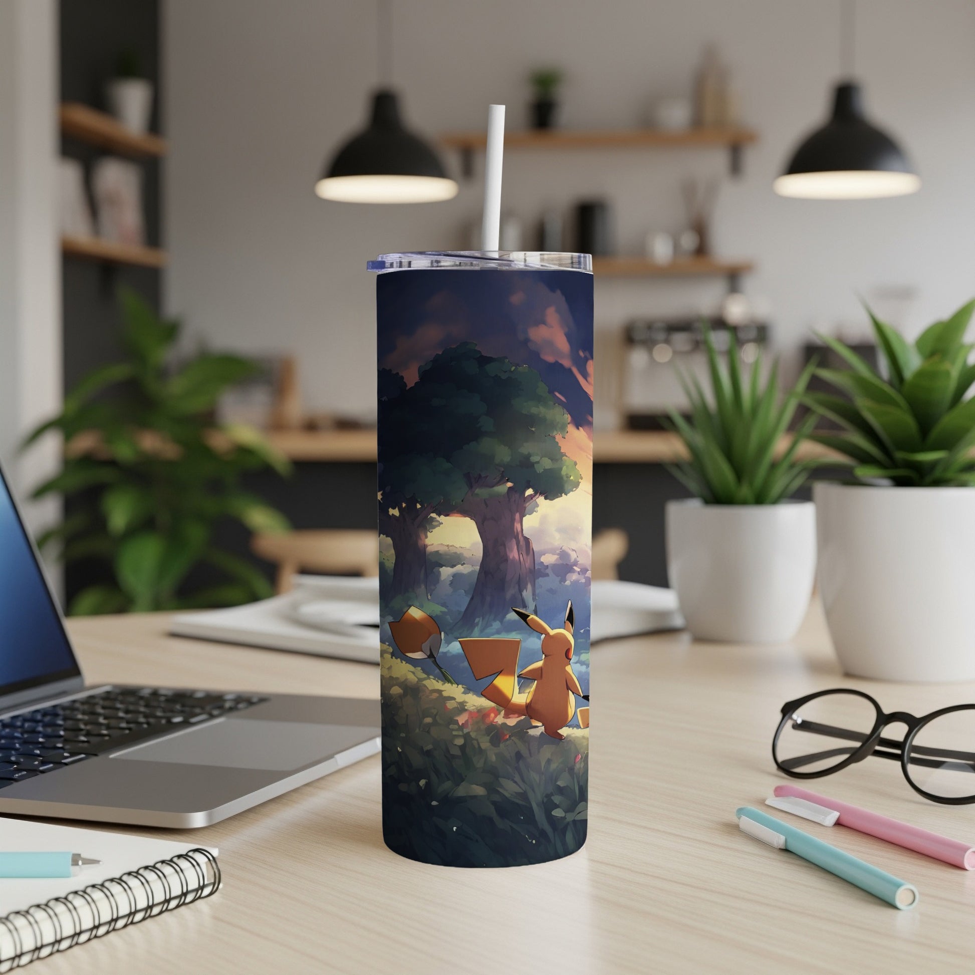 Pikachu sitting in a forest clearing on a tumbler against a laptop and desk supplies.