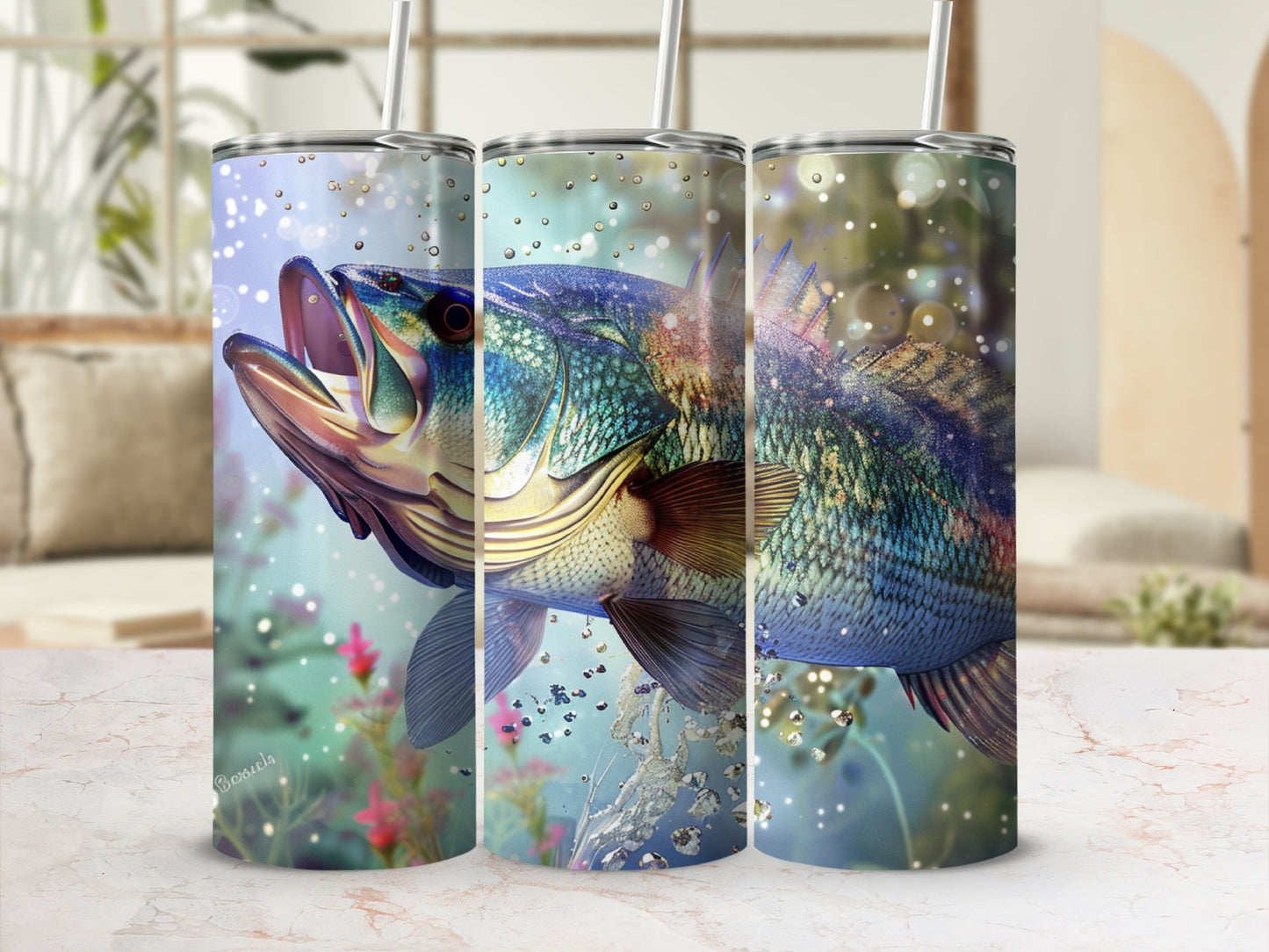 Large mouth bass fish swimming in water, vibrant colors, bubbles and plants.