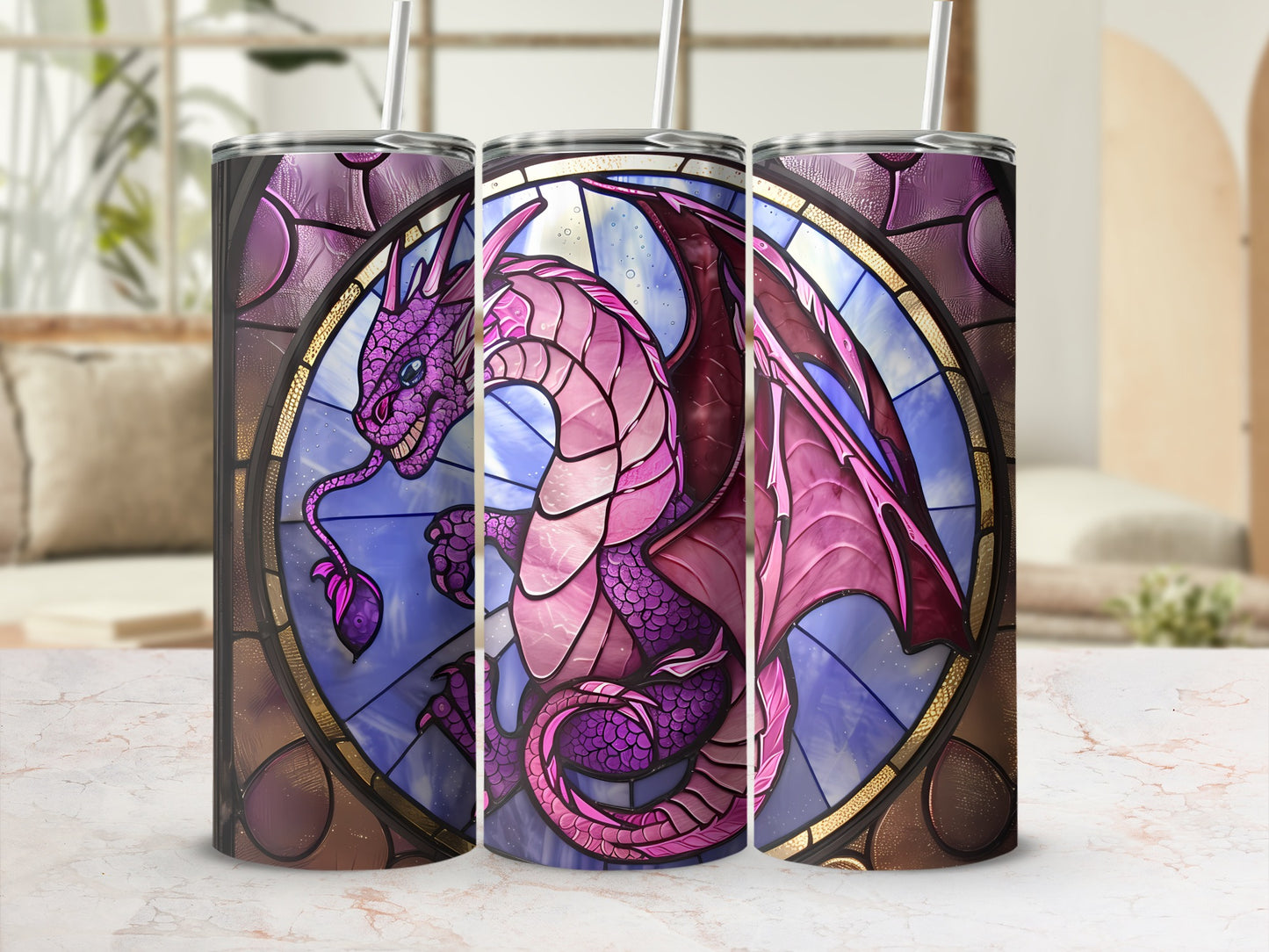 Purple dragon design on a stained glass style tumbler.
