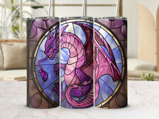 Purple dragon design on a stained glass style tumbler.