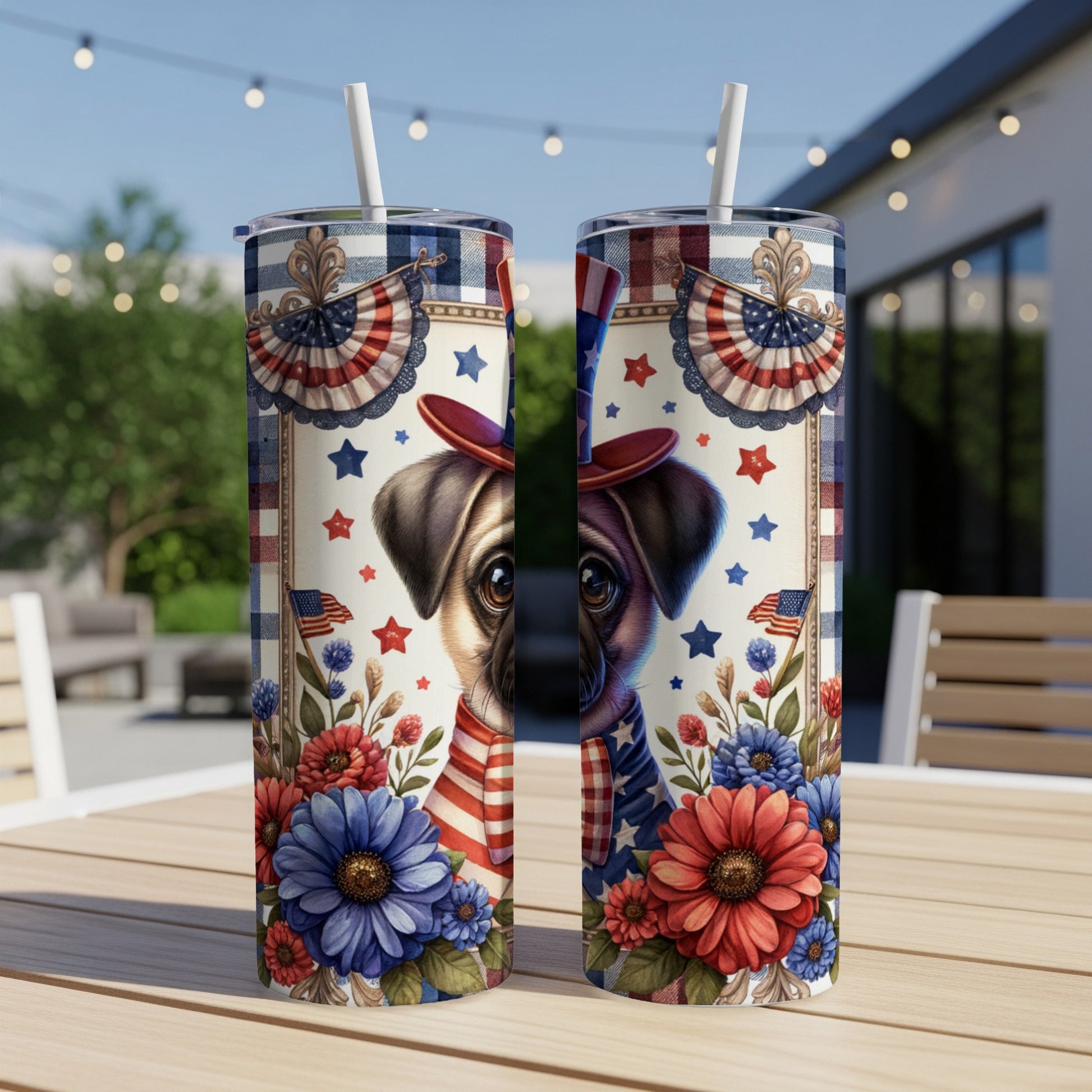 Two patriotic tumblers featuring a pug in a hat and fireworks.