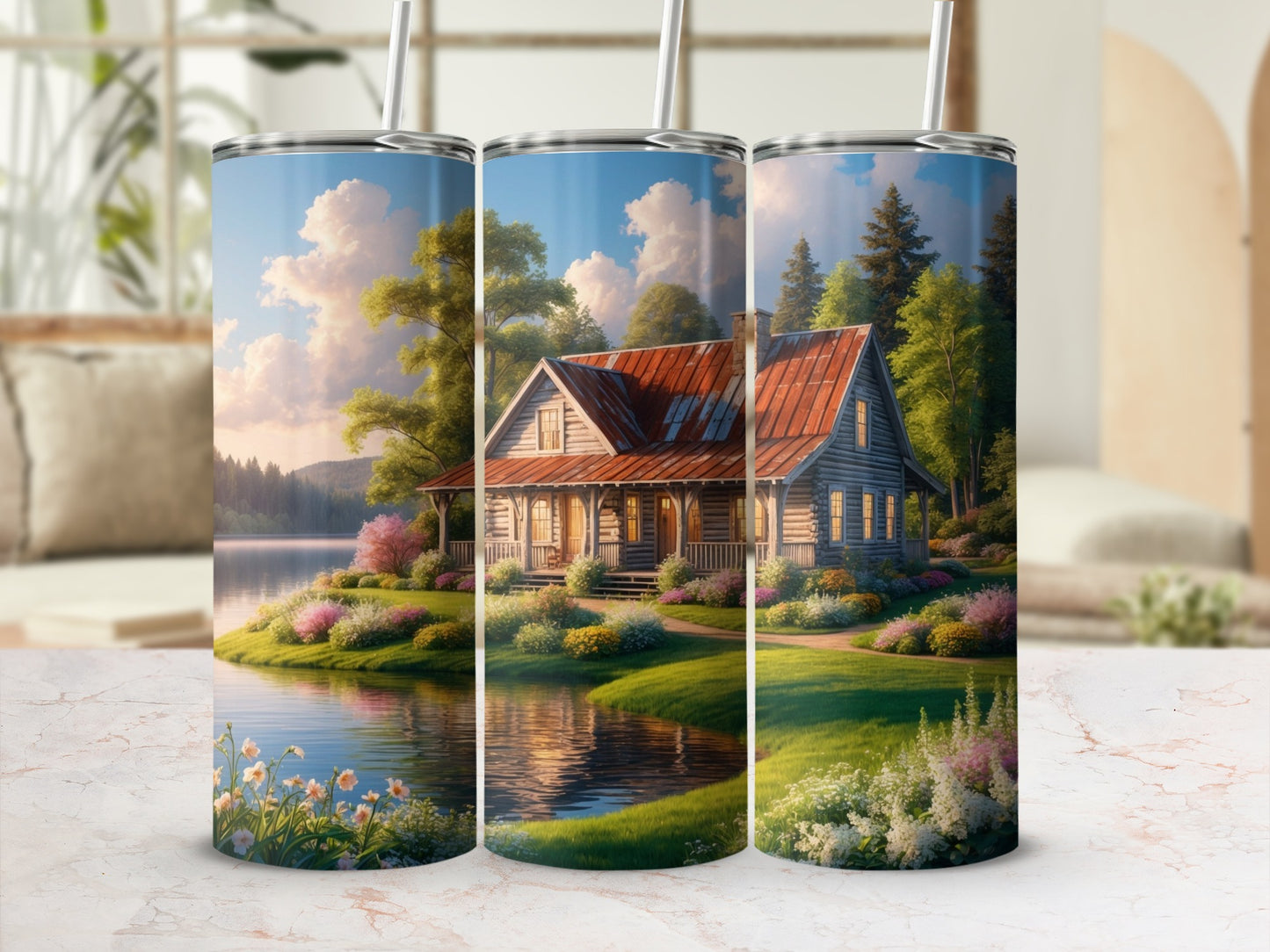 Rustic wooden cabin by a lake with flowering bushes and trees.
