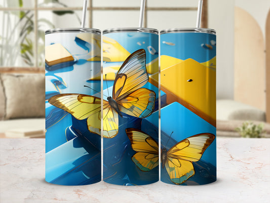 Yellow butterflies on a blue and yellow abstract background.