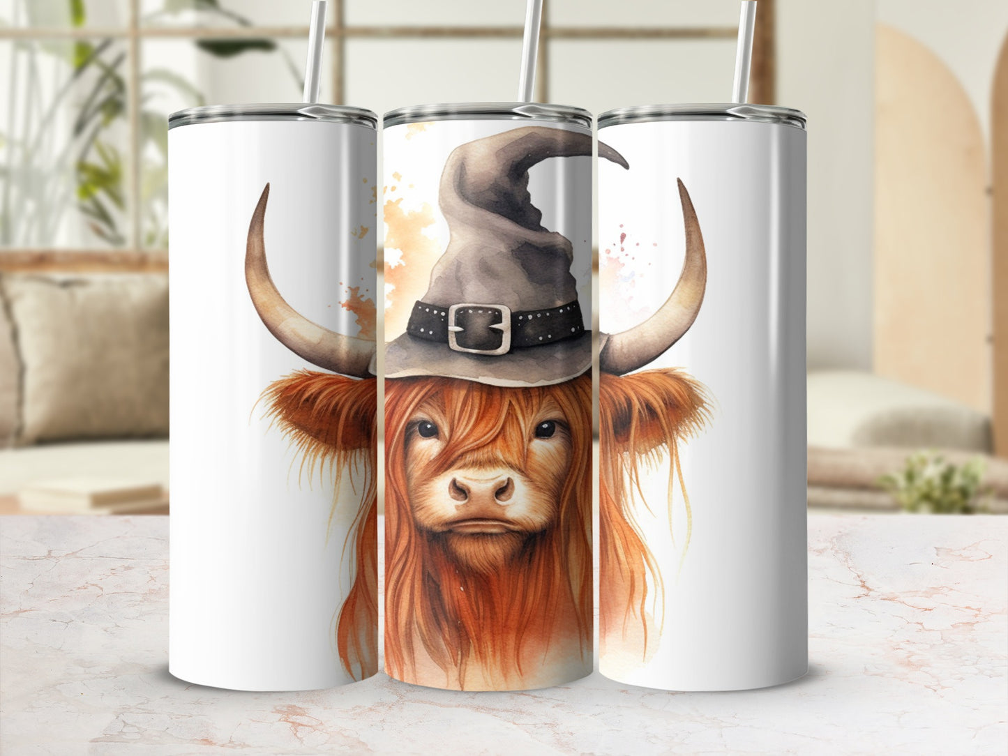 Highland cow in witch hat.