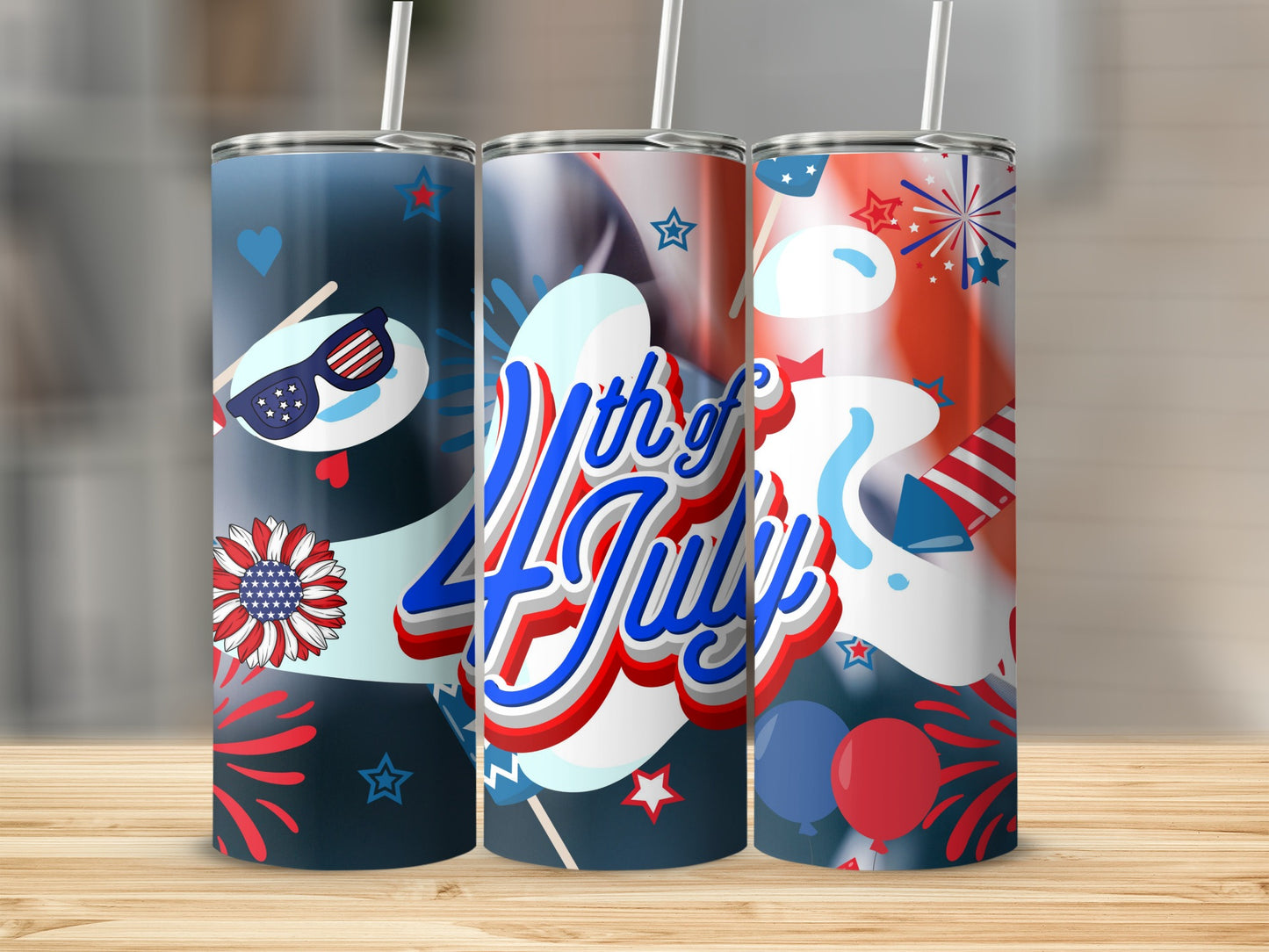 Triptych of "4th of July" tumblers with patriotic graphics and fireworks.