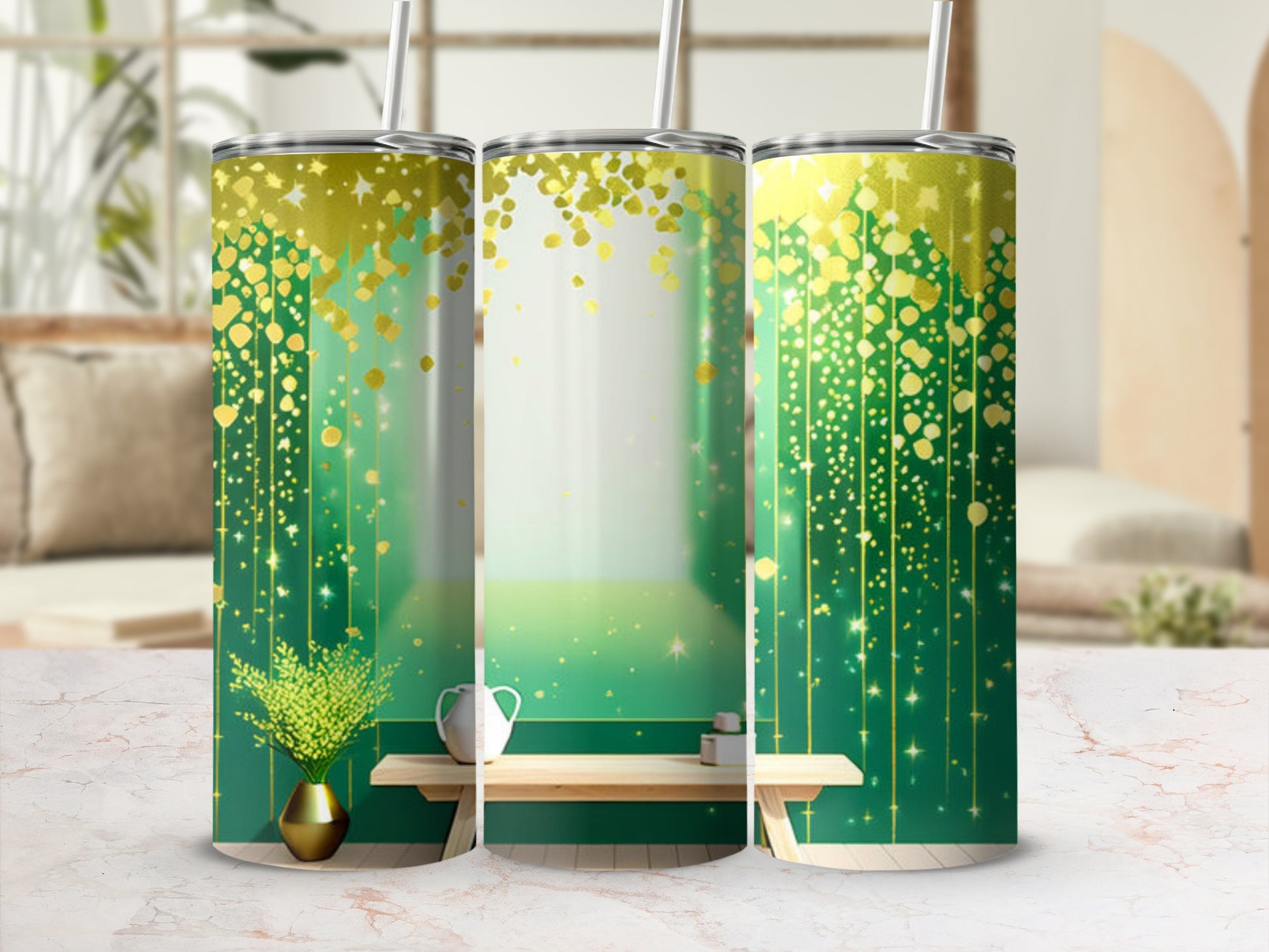 Green tumbler with golden heart-shaped confetti and greenery.
