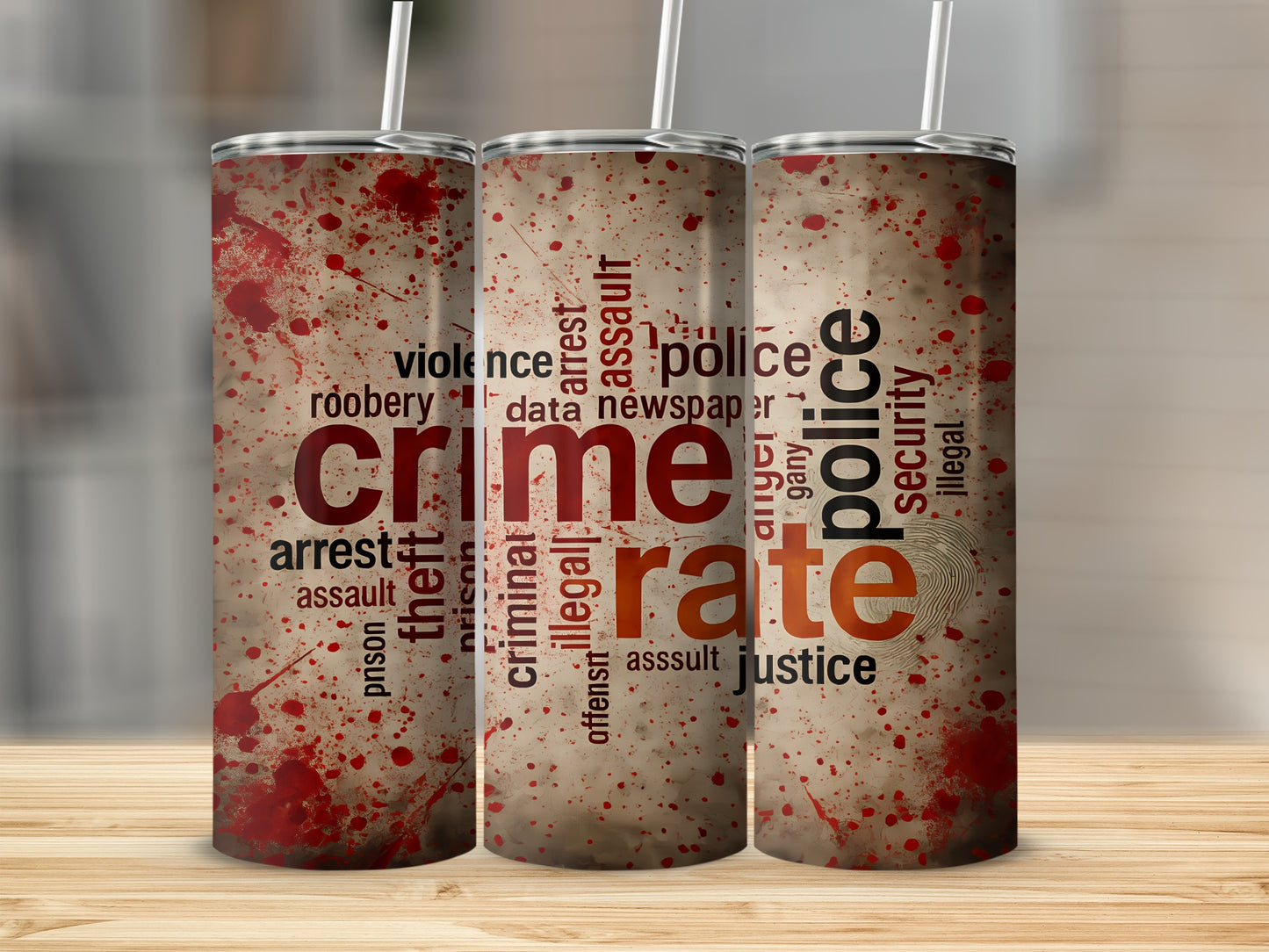Tumblers with a crime word cloud design and blood splatters.