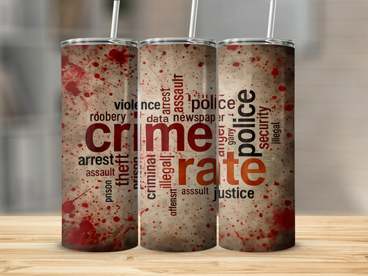 Tumblers with a crime word cloud design and blood splatters.