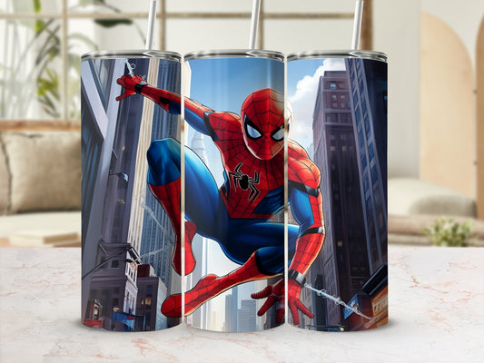Spiderman tumbler with city background and skyscrapers.