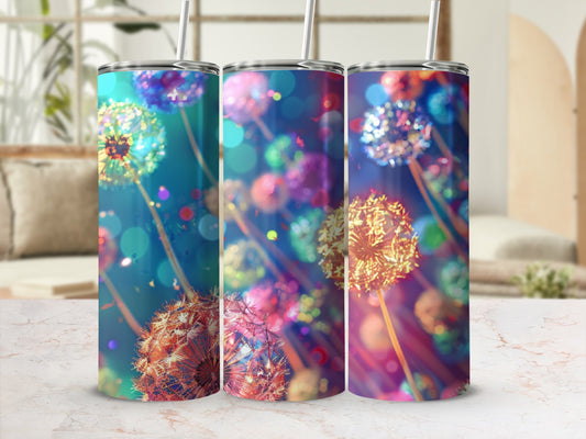 Three tumblers with dandelion puffball designs and bokeh lighting.