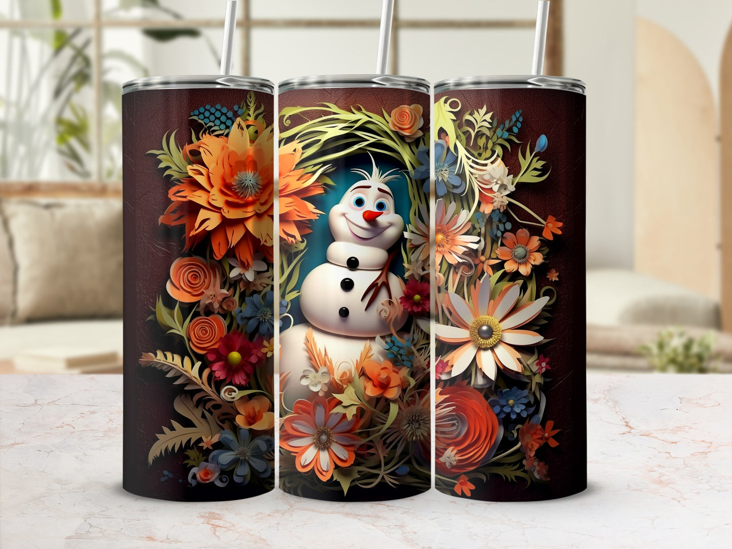 Vibrant Floral and Snowman Design Tumbler Product