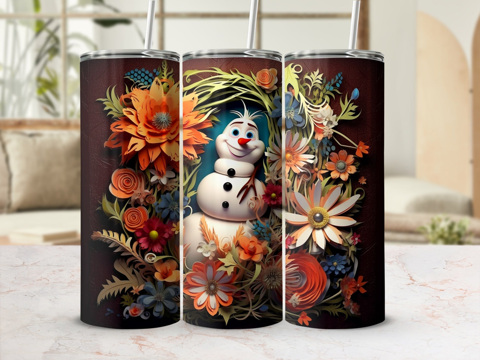 Vibrant Floral and Snowman Design Tumbler Product