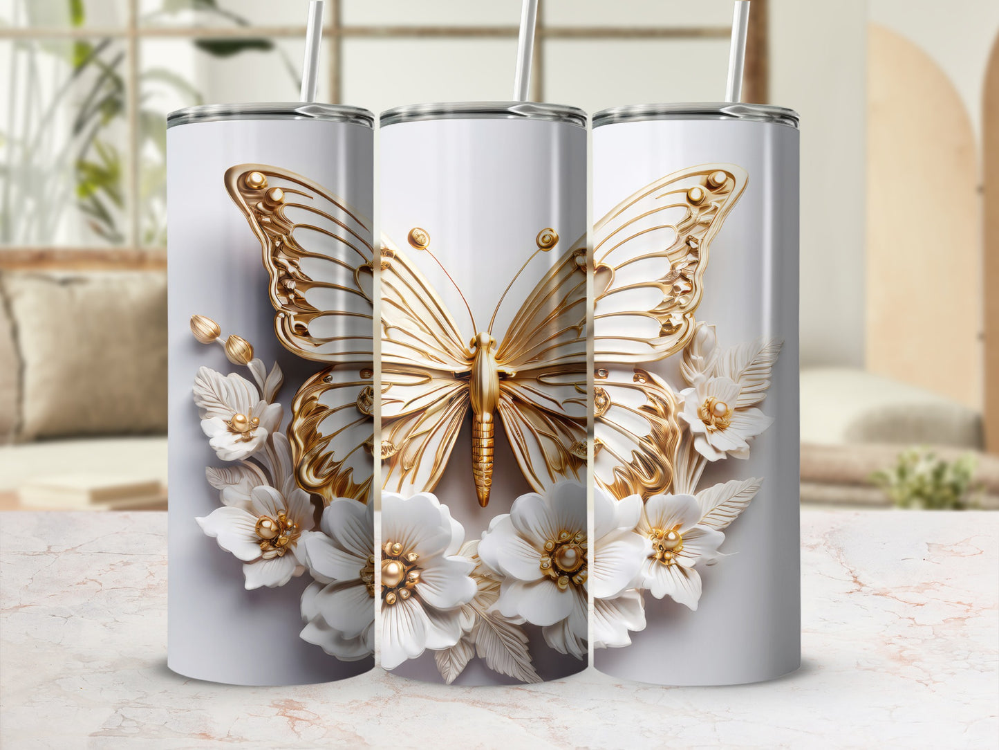 White tumbler with gold butterfly and floral design.
