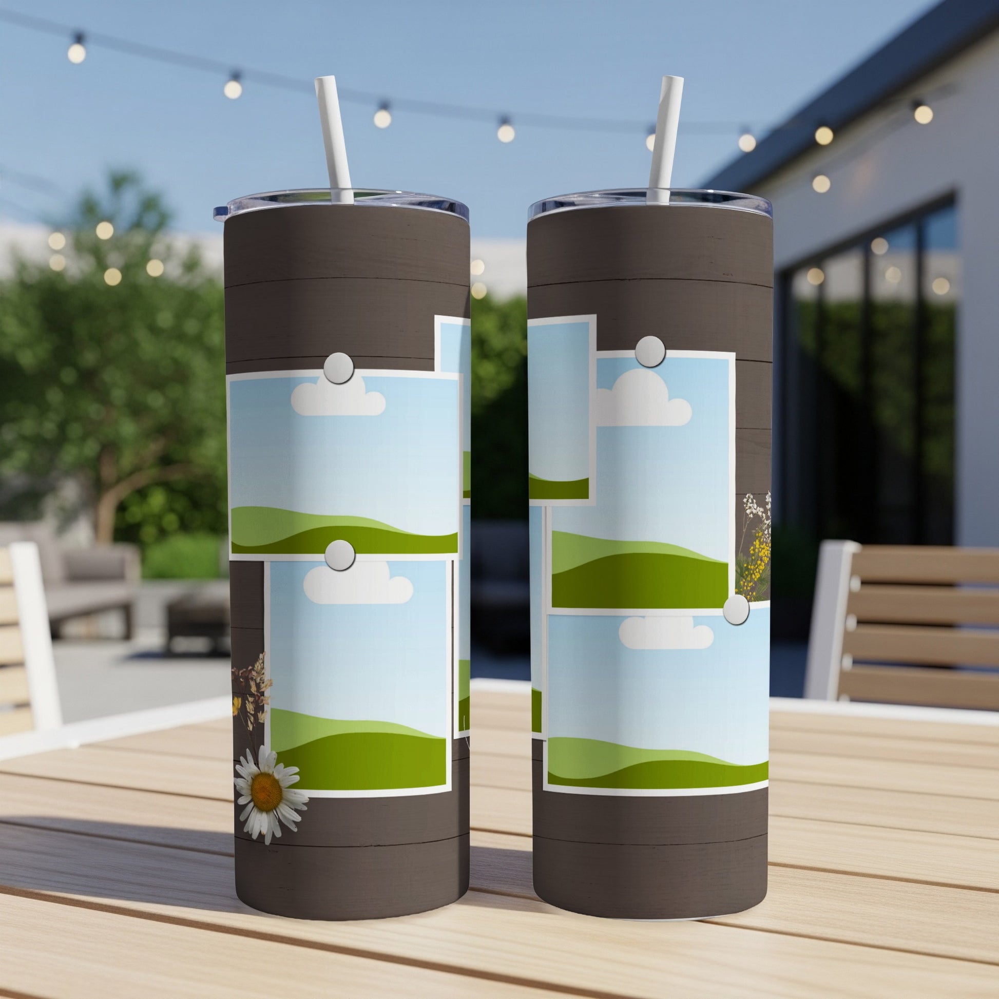 Two dark brown tumblers with a collage of sky, clouds, and rolling green hills.