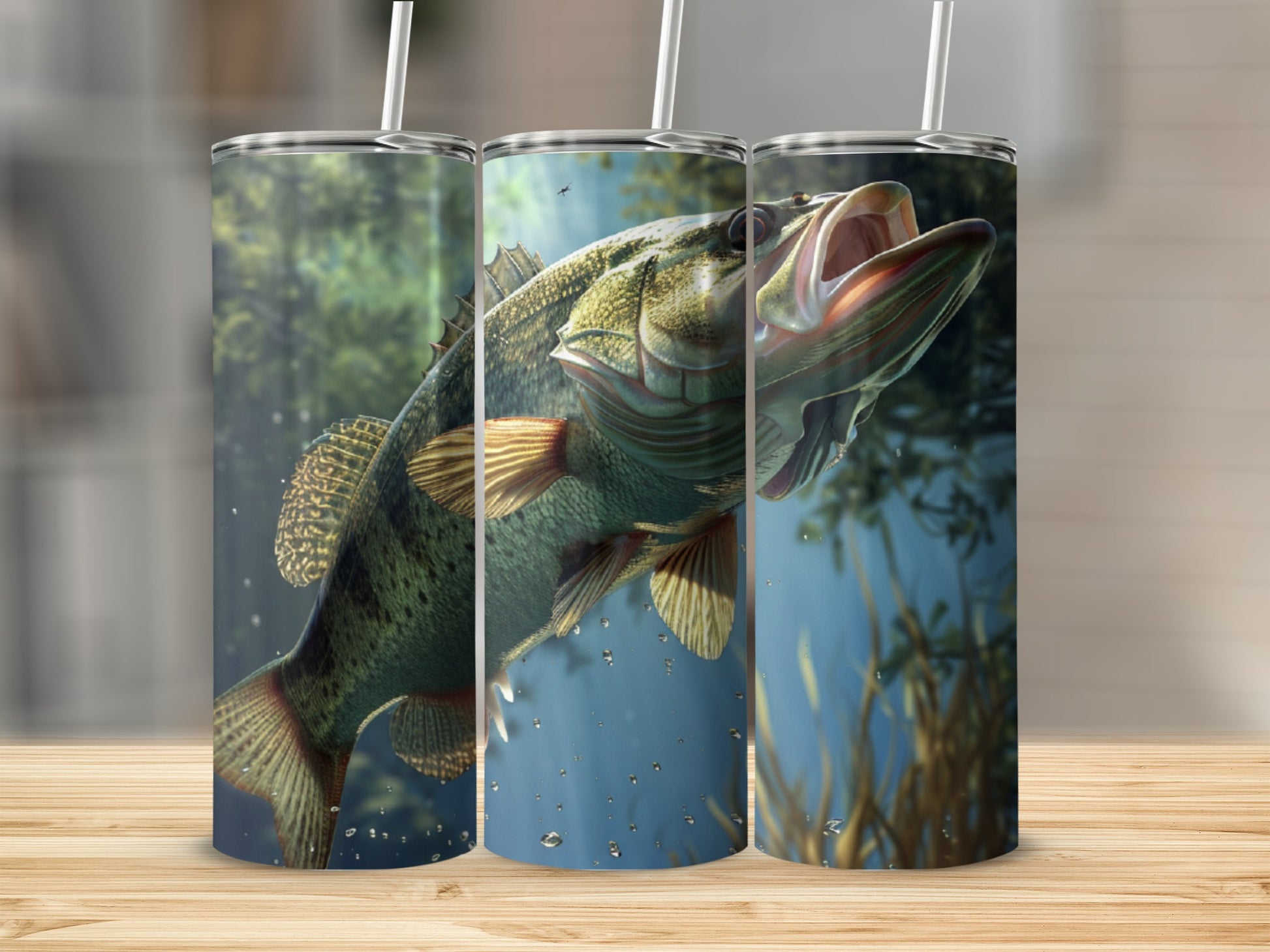 Three tumblers featuring a detailed, realistic largemouth bass swimming underwater.