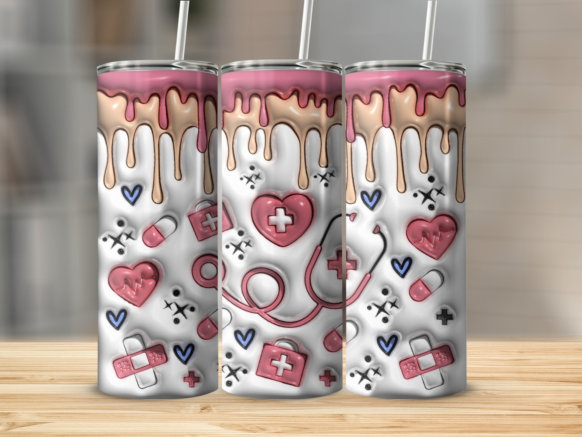 Pink and white dripping design with medical icons on three tumblers.