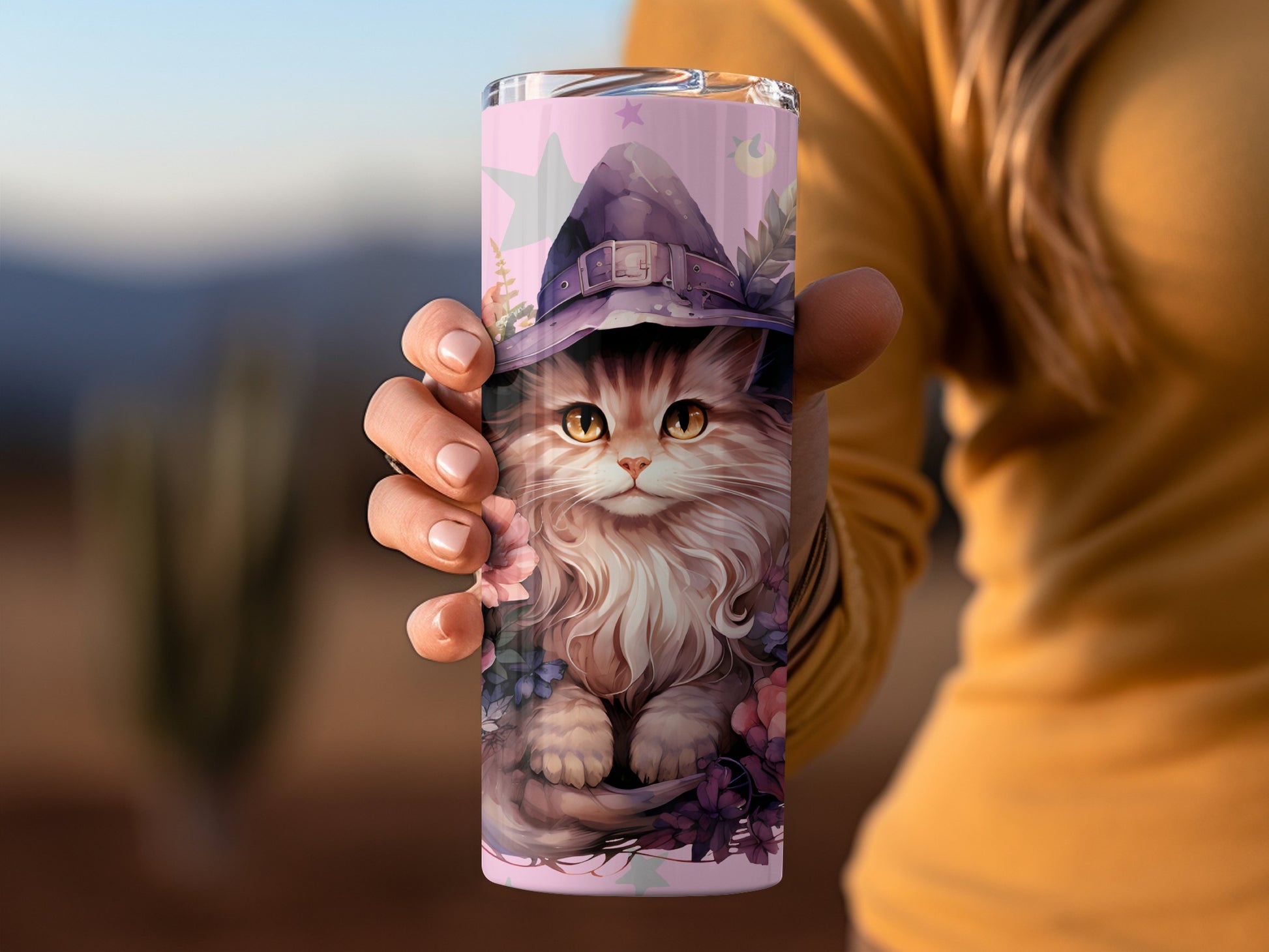 Cute Feline in Purple Witch Hat Tumbler Cup Product