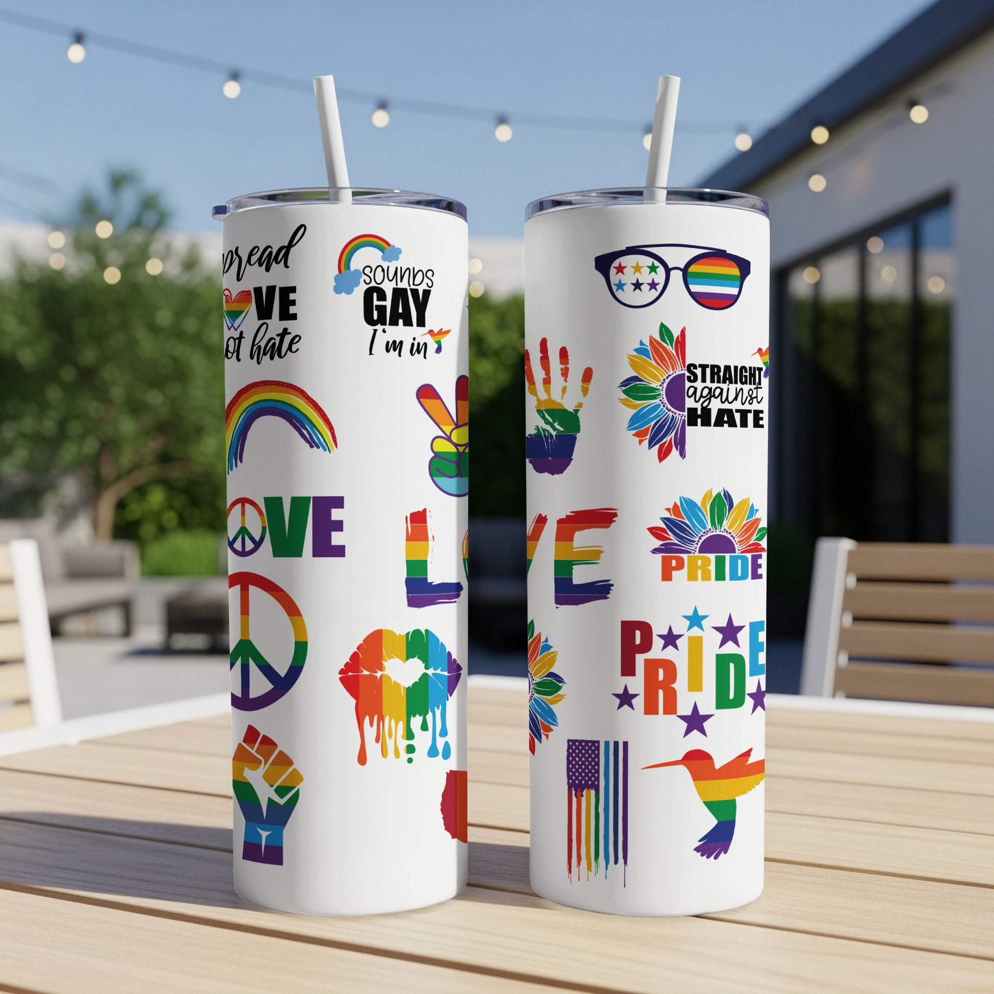 Two tumblers with LGBTQ+ pride symbols, rainbows, and text.