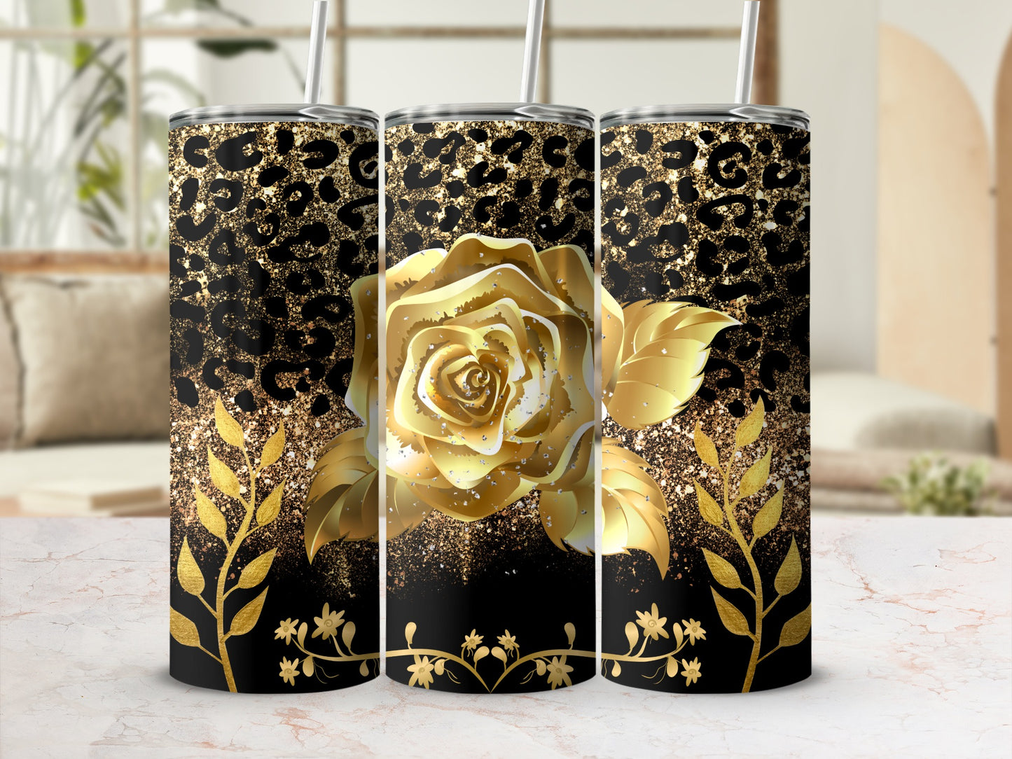 Luxurious Gold Rose and Leopard Patterns Tumbler