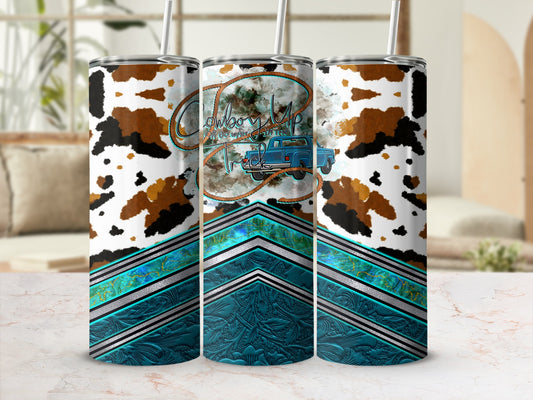 Cowboy truck and turquoise western design on a tumbler.