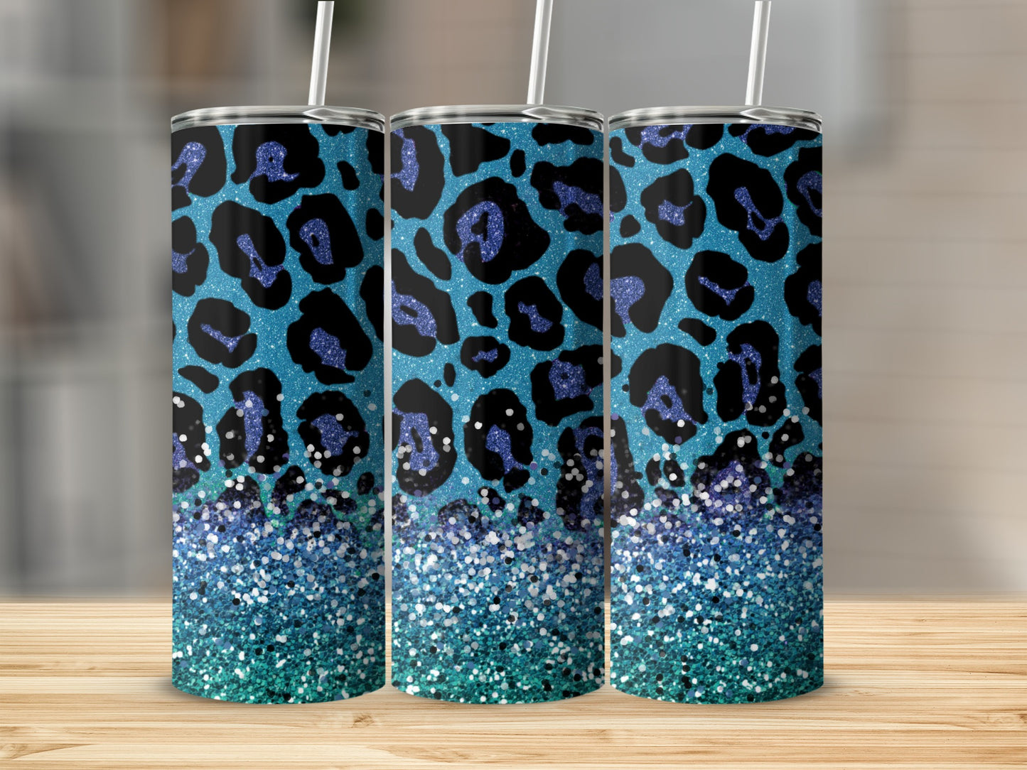 Glitter Gradient Blue Leopard Print Tumbler Cup