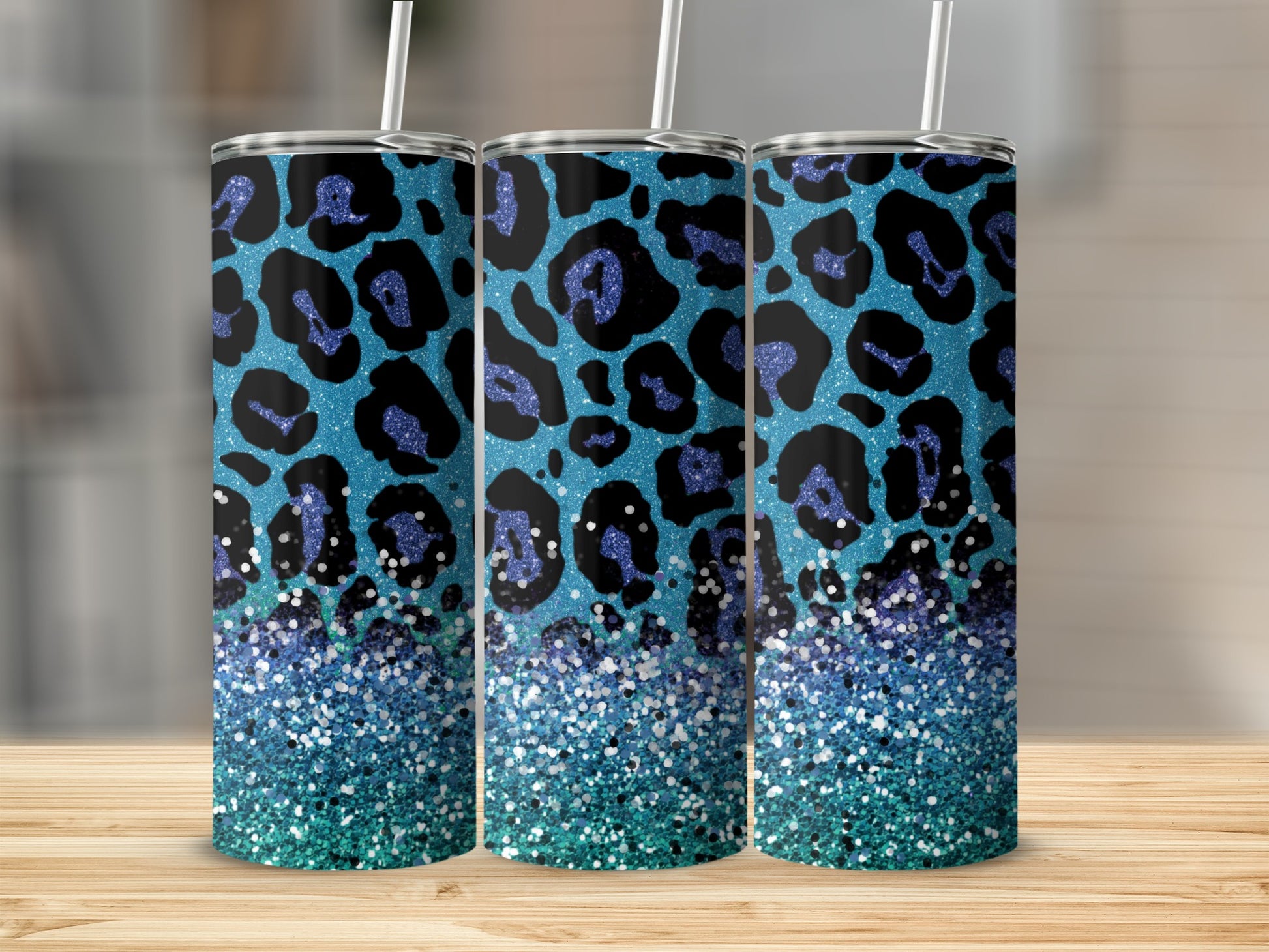 Glitter Gradient Blue Leopard Print Tumbler Cup
